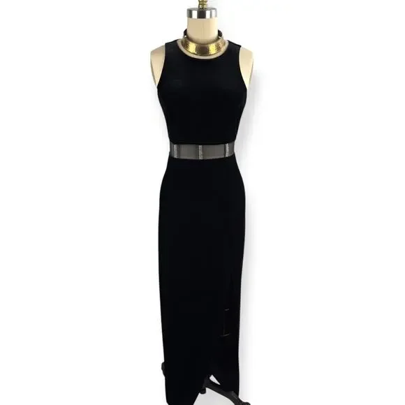 90's sexy black velvet long fitted dress with high slit and mesh crystal trim - Picture 3 of 16